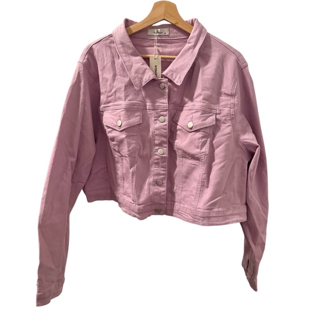Agnes Orinda Plus Size Women's Pink Denim Cropped Jacket